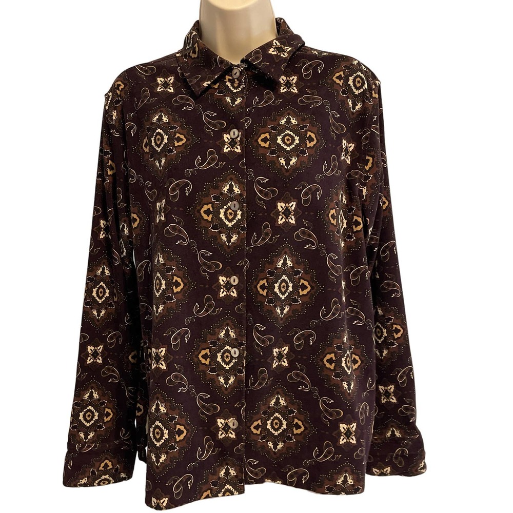 La Cabana‎ All Night Long Womens XL Brown Medallion Paisley Button Up Shirt Boho